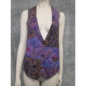 Vintage Patchwork Abstract Print Vest Purple Black Size M Accessory Lady